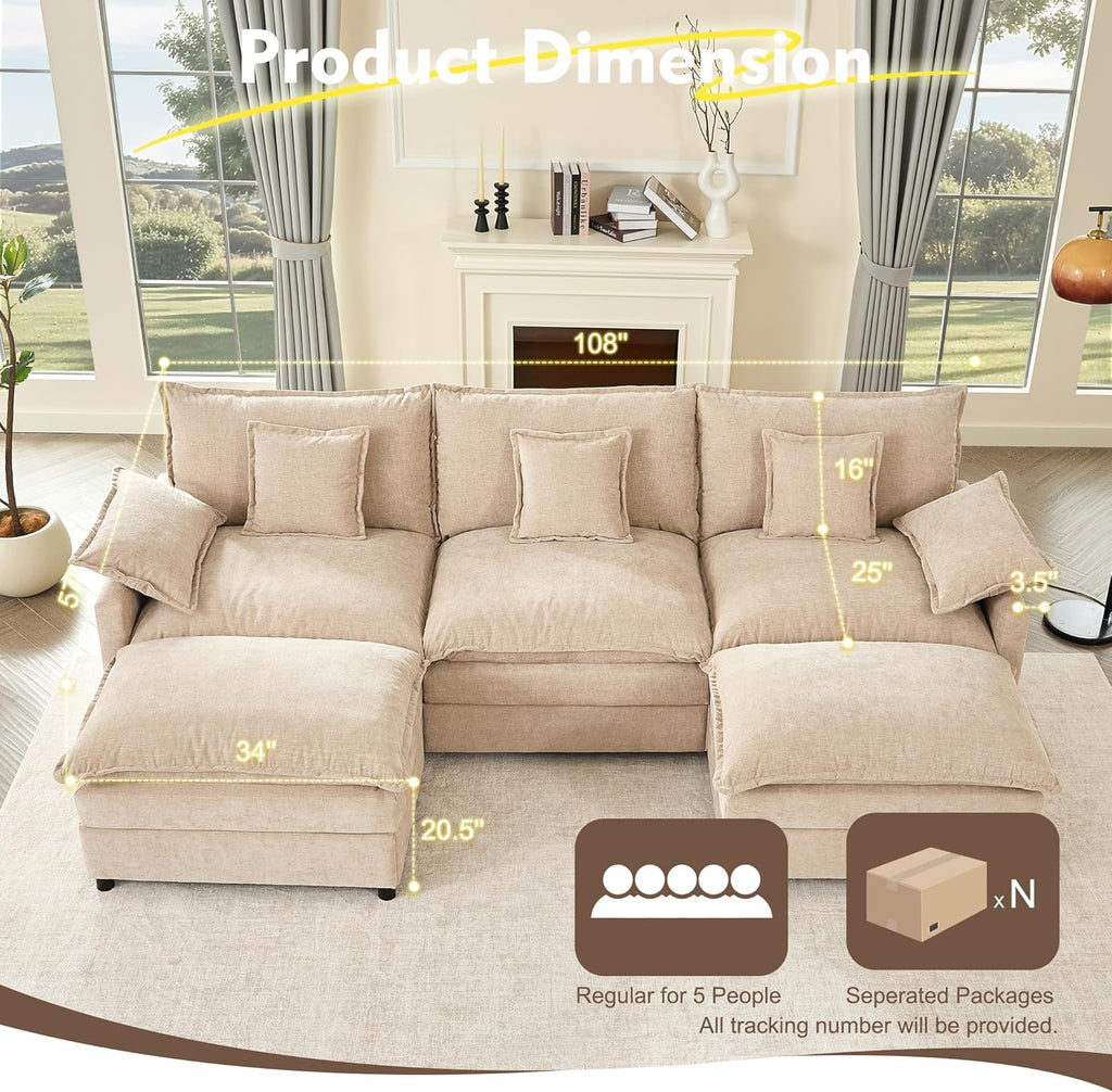 108 Inch U Shape Sofa Sectional Sofa Comfortable Cloud Sofa Living Room Deep Seat Sofa wourant