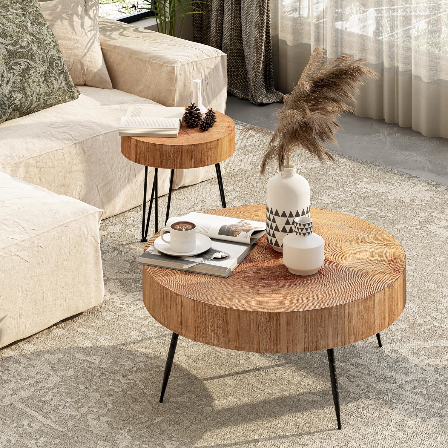 Two-Piece Modern Farmhouse Living Room Coffee Table Set Round Nesting Tables wourant