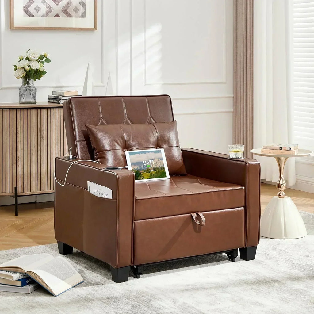 Adult Convertible Sleeper Chair Bed 3-in-1 Pull-Out Sofa Bed with USB/Type-C Ports Cup Holders wourant