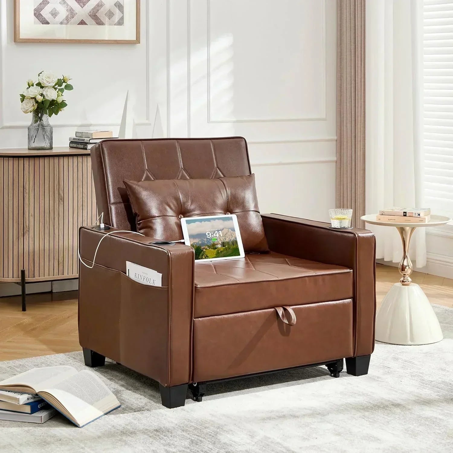 Adult Convertible Sleeper Chair Bed 3-in-1 Pull-Out Sofa Bed with USB/Type-C Ports Cup Holders wourant