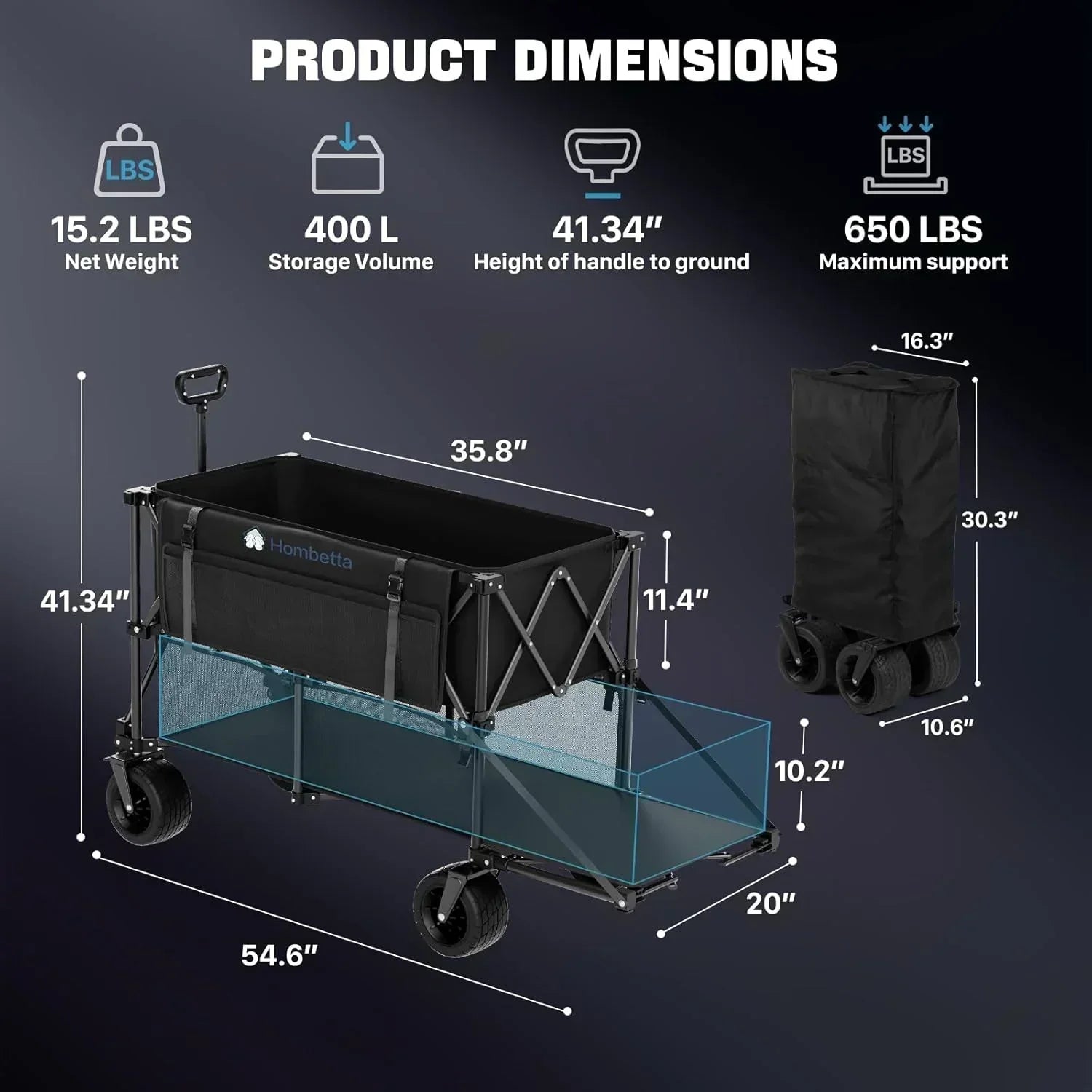 48" Extra Large Folding Travel Cart 560 lb Capacity 350 L Heavy Duty Utility Cart with Brakes wourant