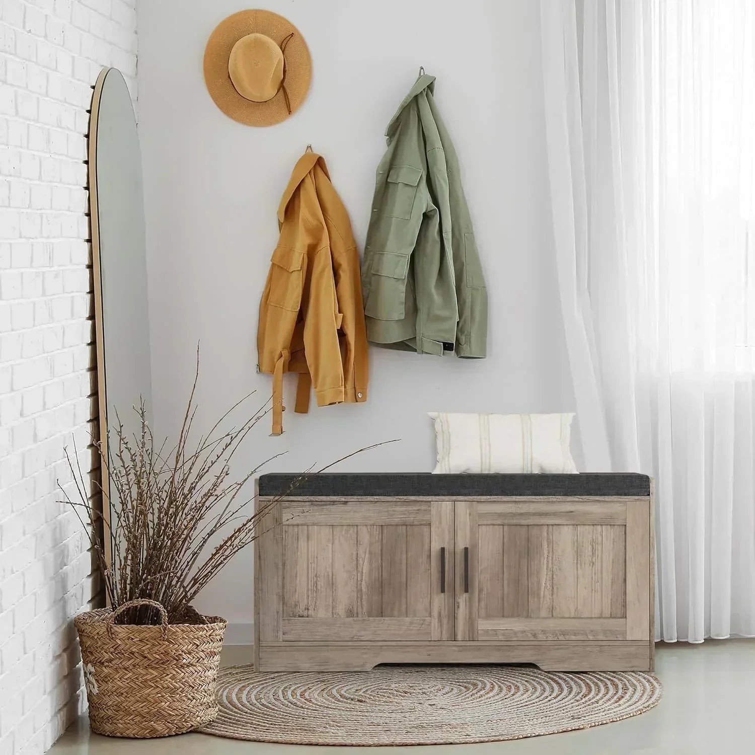 2-Tier Storage Bench Shoe Bench with Thickened Padded Seat Cushion Entryway Bench wourant