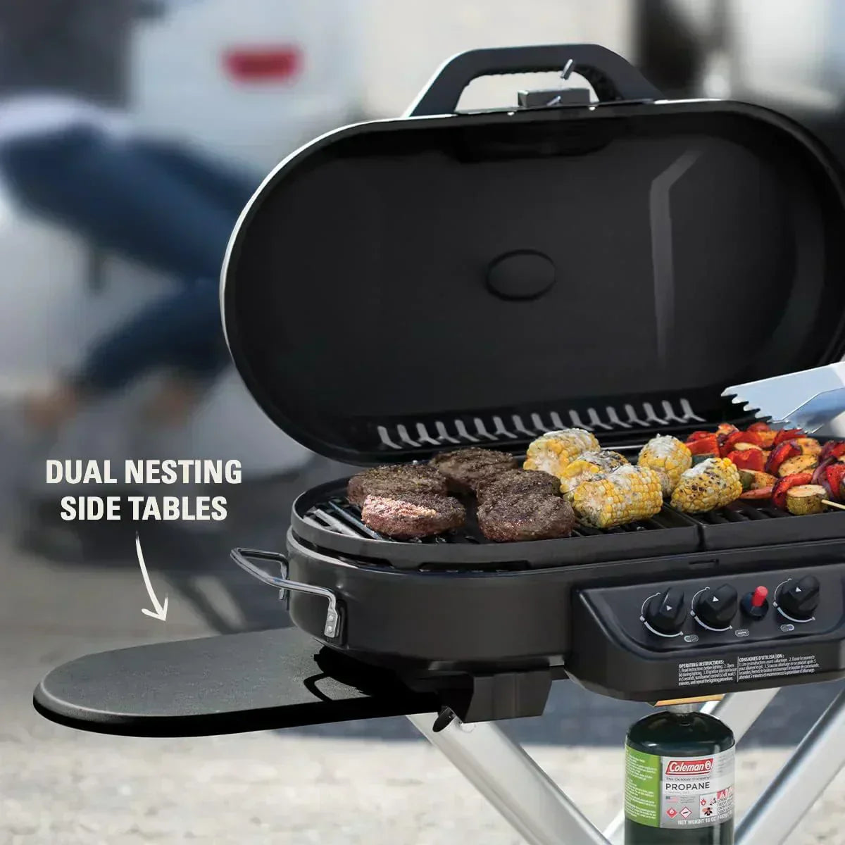 RoadTrip 285 Portable Stand-Up Propane Grill with 3 Adjustable Burners Instastart Ignition 20,000 BTUs wourant