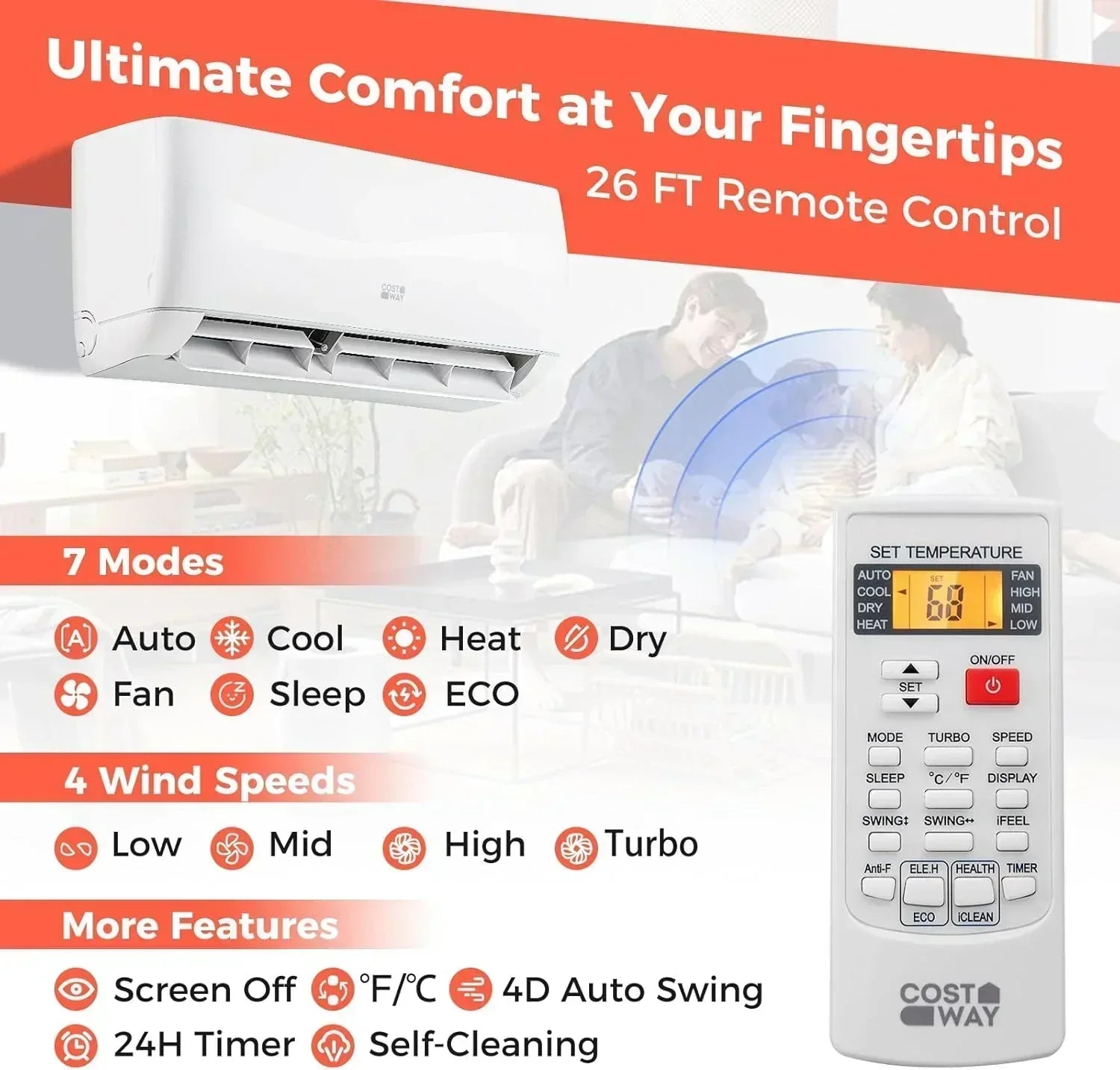 COSTWAY 12000BTU Mini Split Air Conditioner Heater 20 SEER2 115V Wall-Mounted Ductless wourant