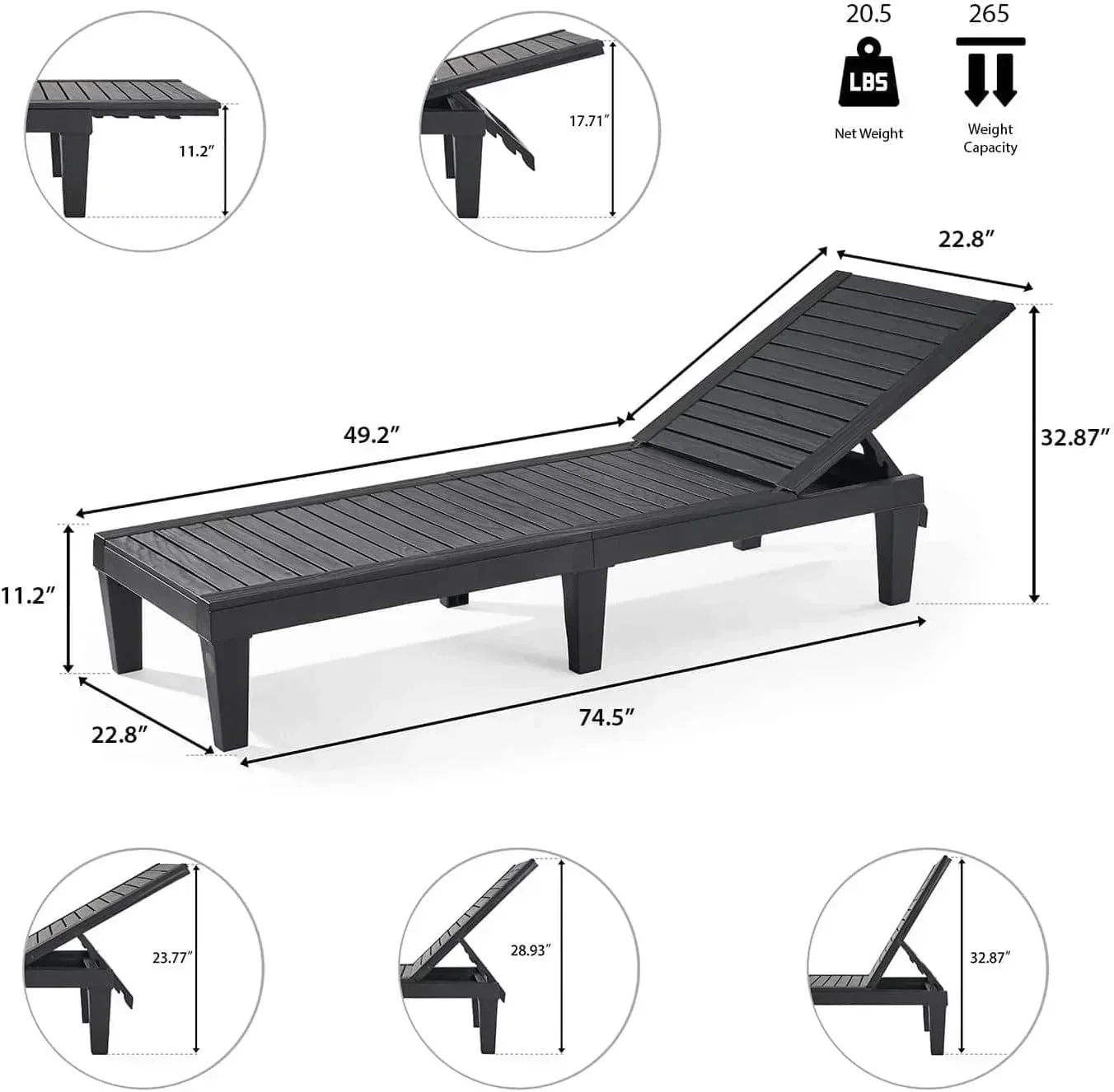 Patio Chairs Black Chaise Lounge Chair Outdoor 5-Position Adjustable Sun Tanning Chair wourant