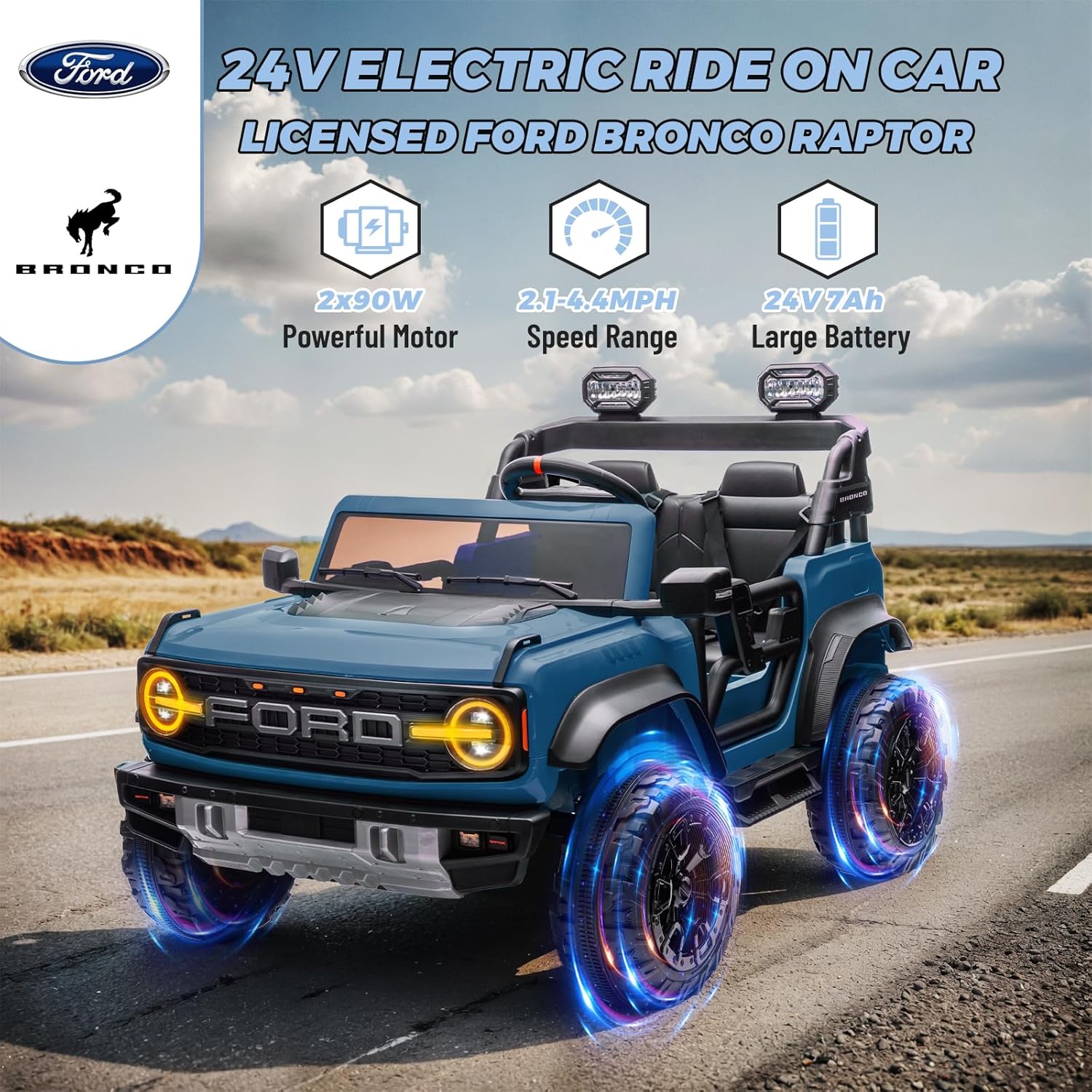 Bronco Raptor Two-Seater Ride-On Car Truck Toy Blue wourant