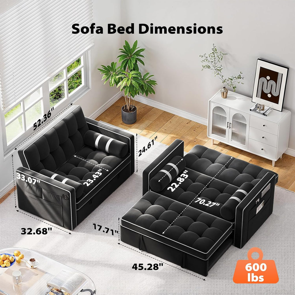 Pipishell 3 in 1 Convertible Sleeper Sofa Bed Pull Out Couch for Living Room USB Ports Side Pockets wourant