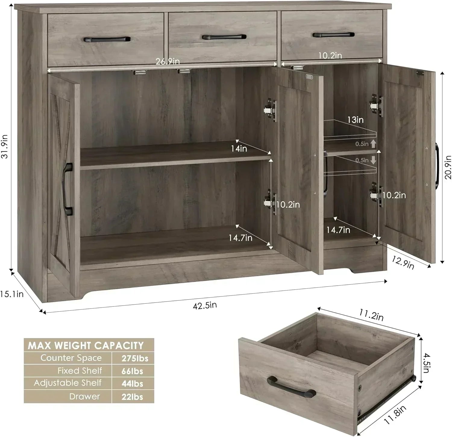 Modern farmhouse sideboard barn door buffet storage cabinet with drawers and shelves wourant