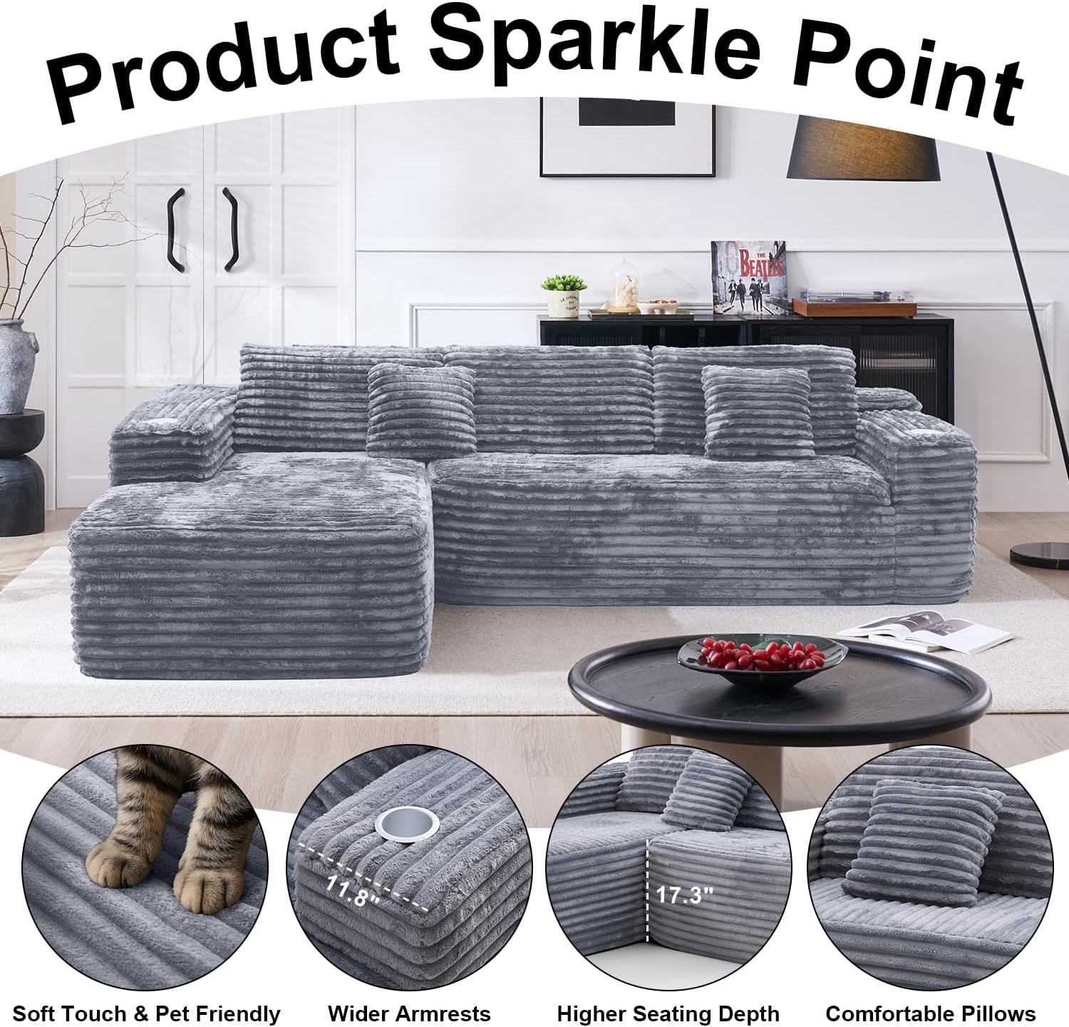 Cloud Sectional Couch with L Shape Chaise Modern Modular Sofa with Deep Seat Built in Cup Holder wourant