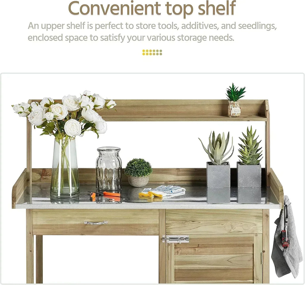 Yaheetech Outdoor Garden Potting Bench Table Work Bench Metal Tabletop Cabinet Drawer wourant
