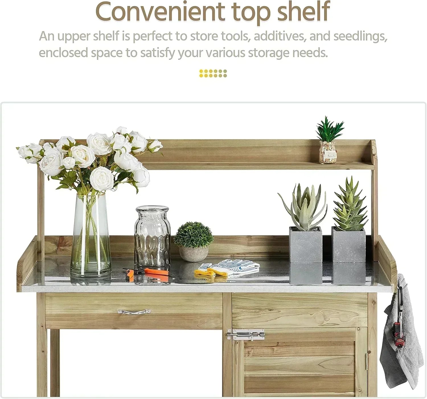 Yaheetech Outdoor Garden Potting Bench Table Work Bench Metal Tabletop Cabinet Drawer wourant