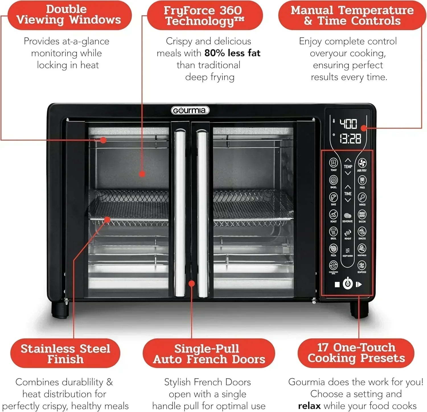 Gourmia Oven Air Fryer Combo with 17 Cooking Presets 24L Capacity Convection Rack wourant