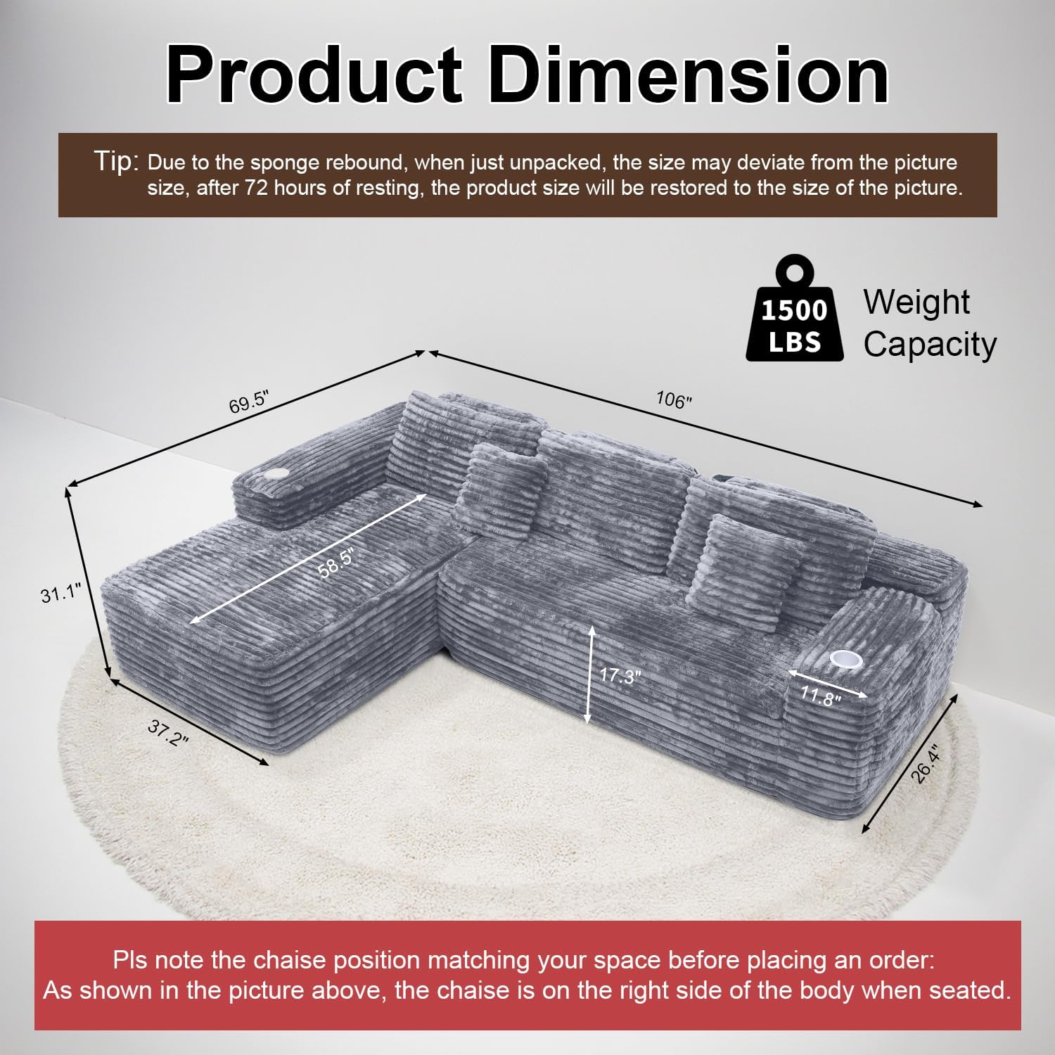 Cloud Sectional Couch with L Shape Chaise Modern Modular Sofa with Deep Seat Built in Cup Holder wourant