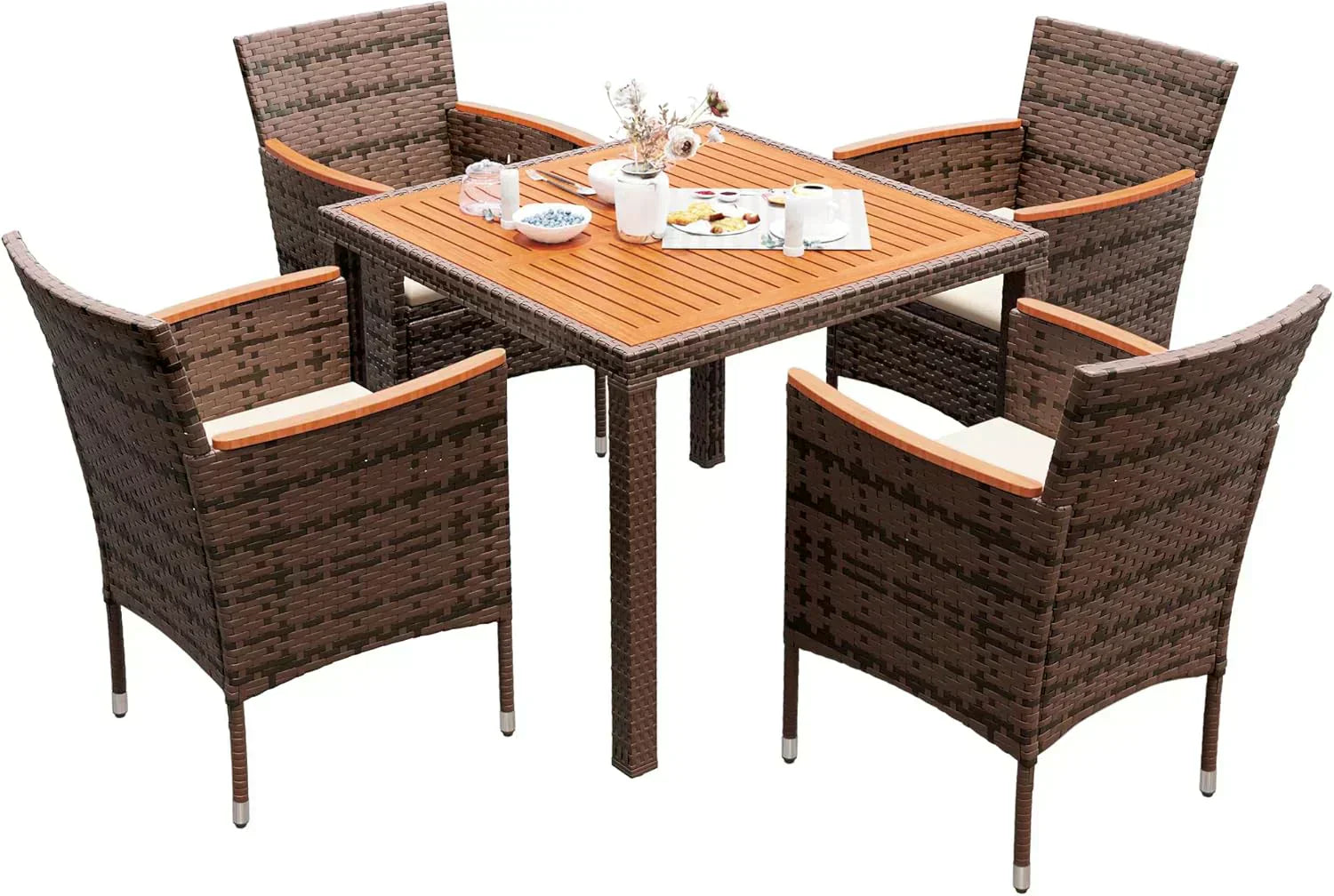 Devoko Dining 7 PCS Furniture Patio Conversation Set with Acacia Wood Table Top Rattan Outdoor wourant