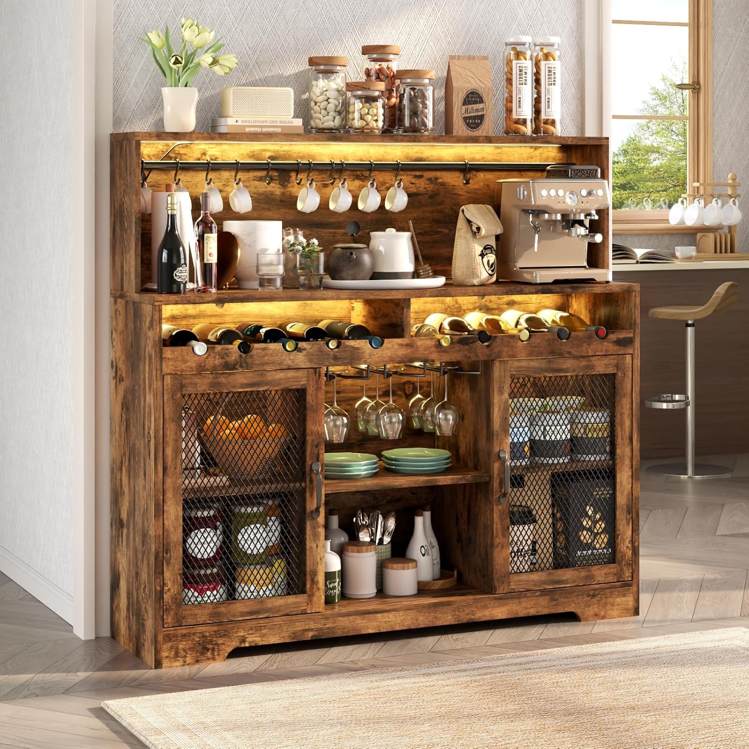 Wine Bar Cabinet with LED Light Liquor Cabinet with Glass Holder Coffee Bar for Liquor wourant