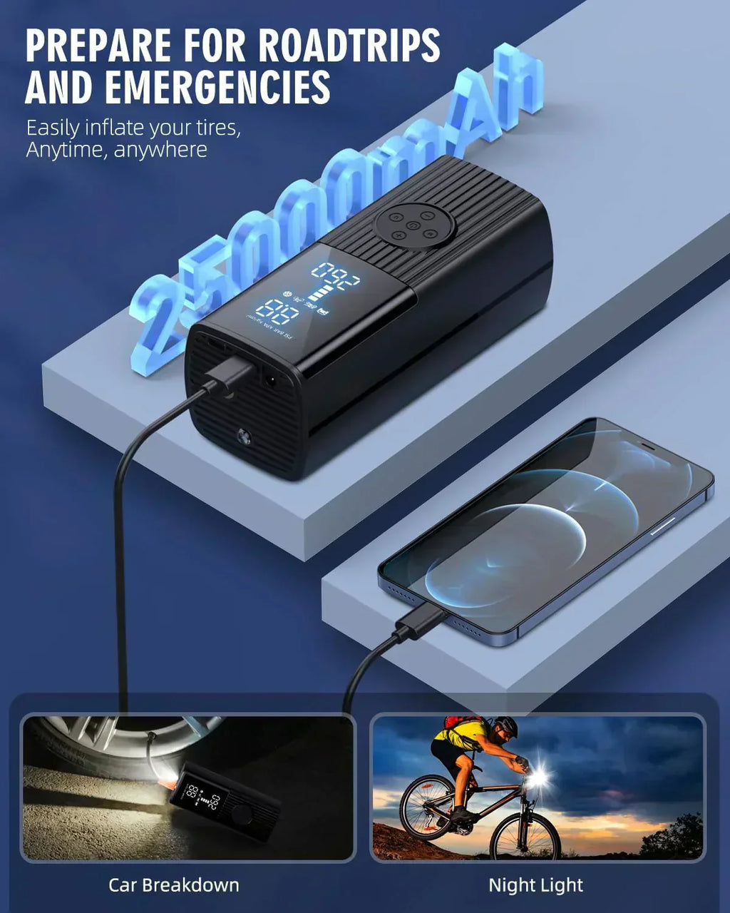 Tire Inflator Portable Air Compressor 180PSI Portable Air Compressor with with LED Light wourant
