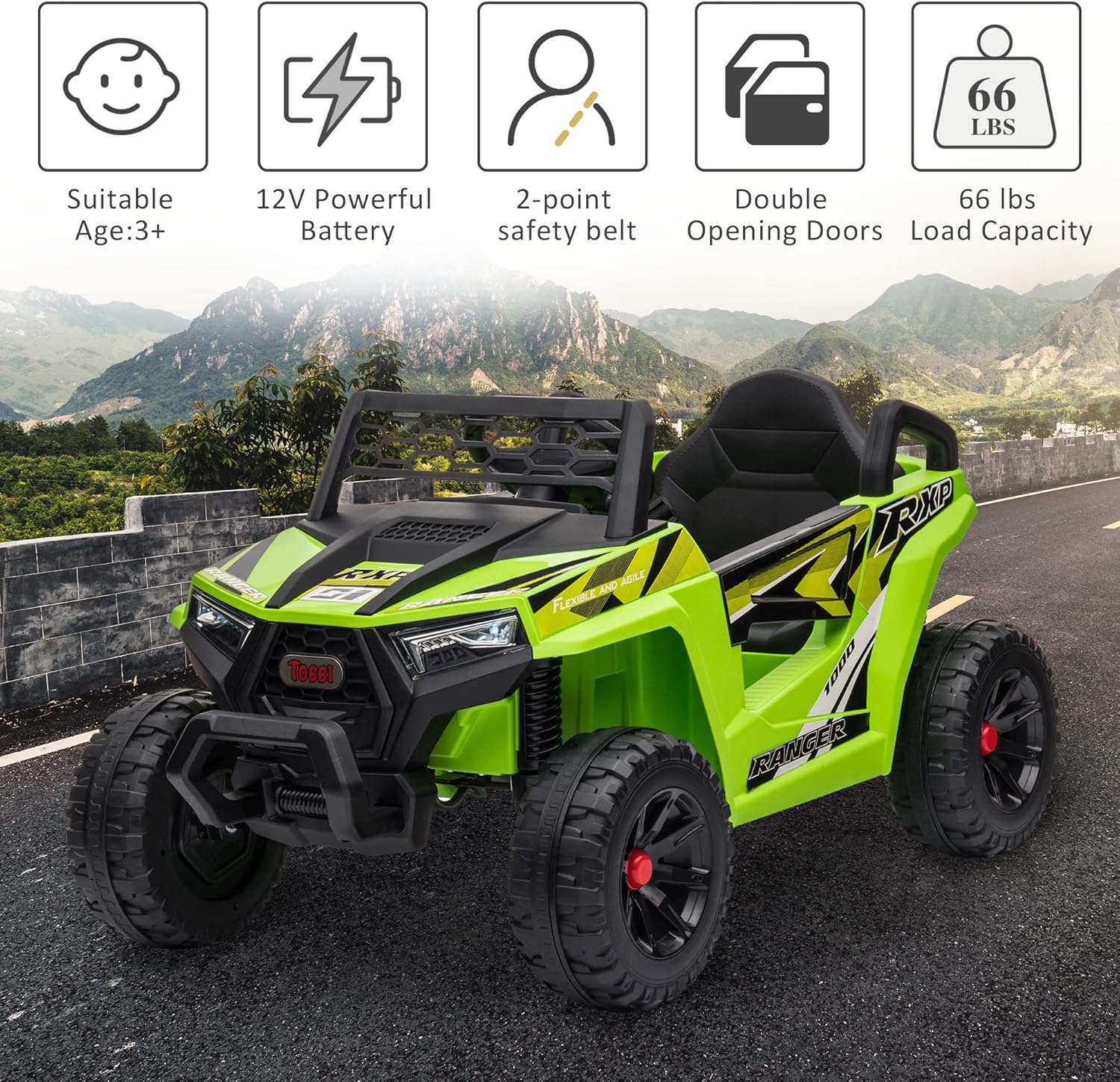 TOBBI 12V Kids Ride on Car Electric Off-Road UTV Truck with Diverse Functions Double Open Doors wourant