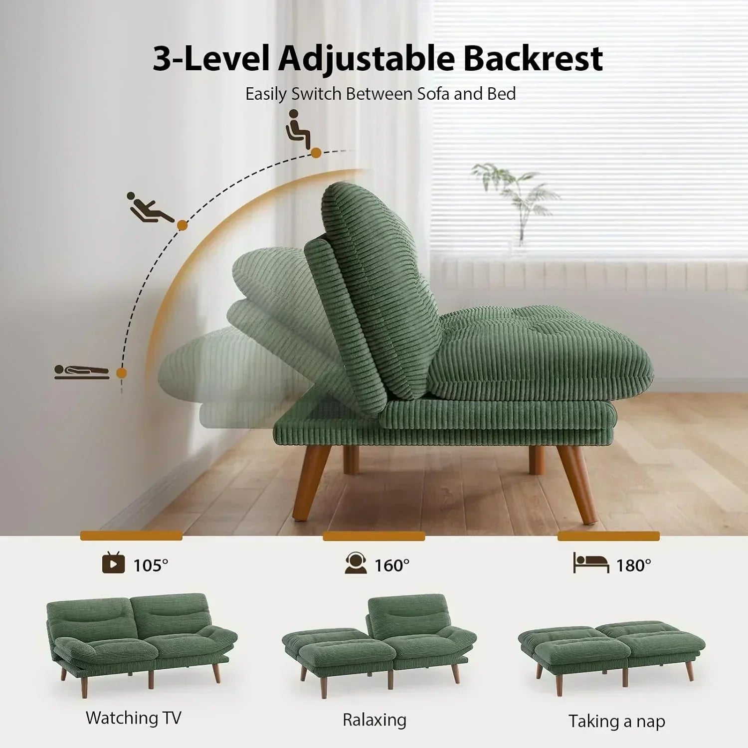 Convertible Futon Sofa Bed 66 Inch Corduroy Futon Sofa Recliner Sofa Bed for Small Spaces wourant