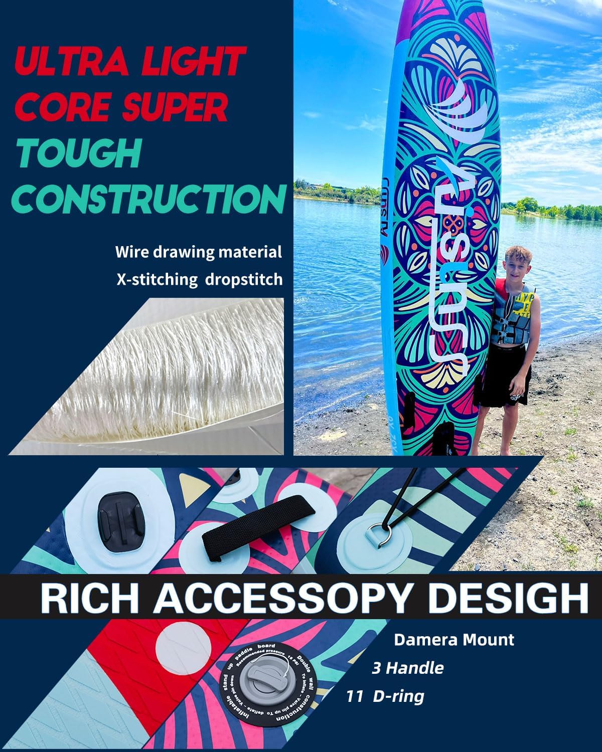 Inflatable wide SUP board with SUP carrying bag hand pump 10L waterproof bag wourant