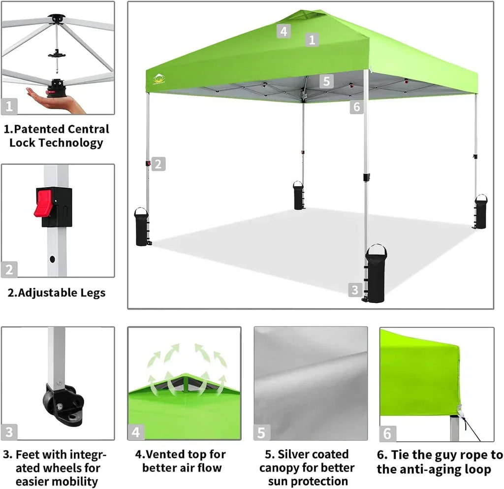 10x10 Pop-Up Awning One-Click Installation Beach Tent Outdoor Sunshade Silver Coated Top wourant
