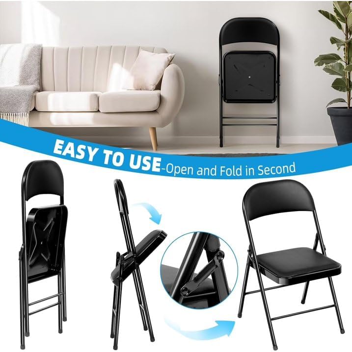 6 Pack Black Folding Chairs with Leather Chairs Events Office Wedding Party Upholstered Chairs wourant