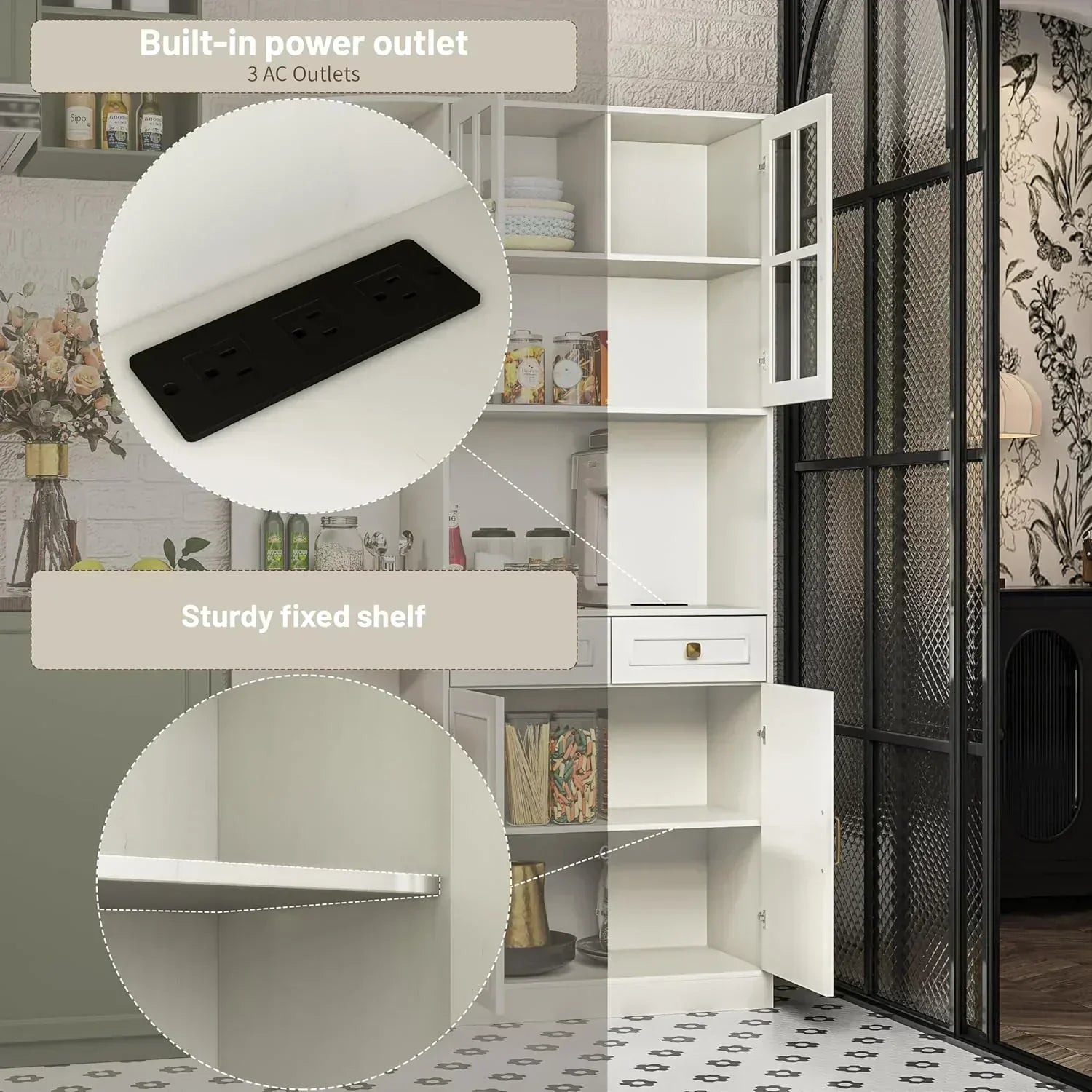Kitchen Hutch Pantry Cabinet 71" Tall with Glass Doors wourant