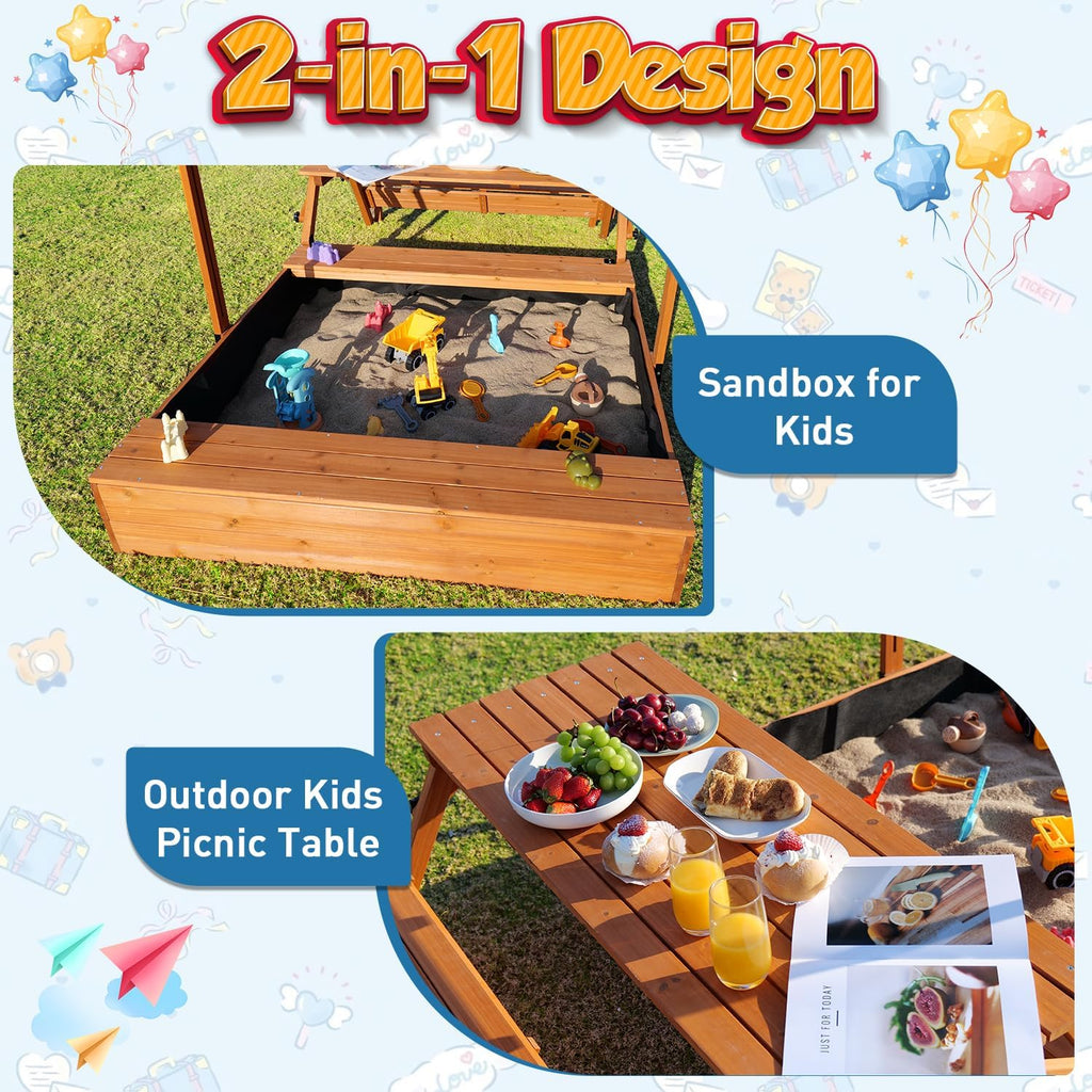 Wooden Kids Sandbox with Lid Outdoor Sand Box with Picnic Table Foldable Sandpit with Cover wourant