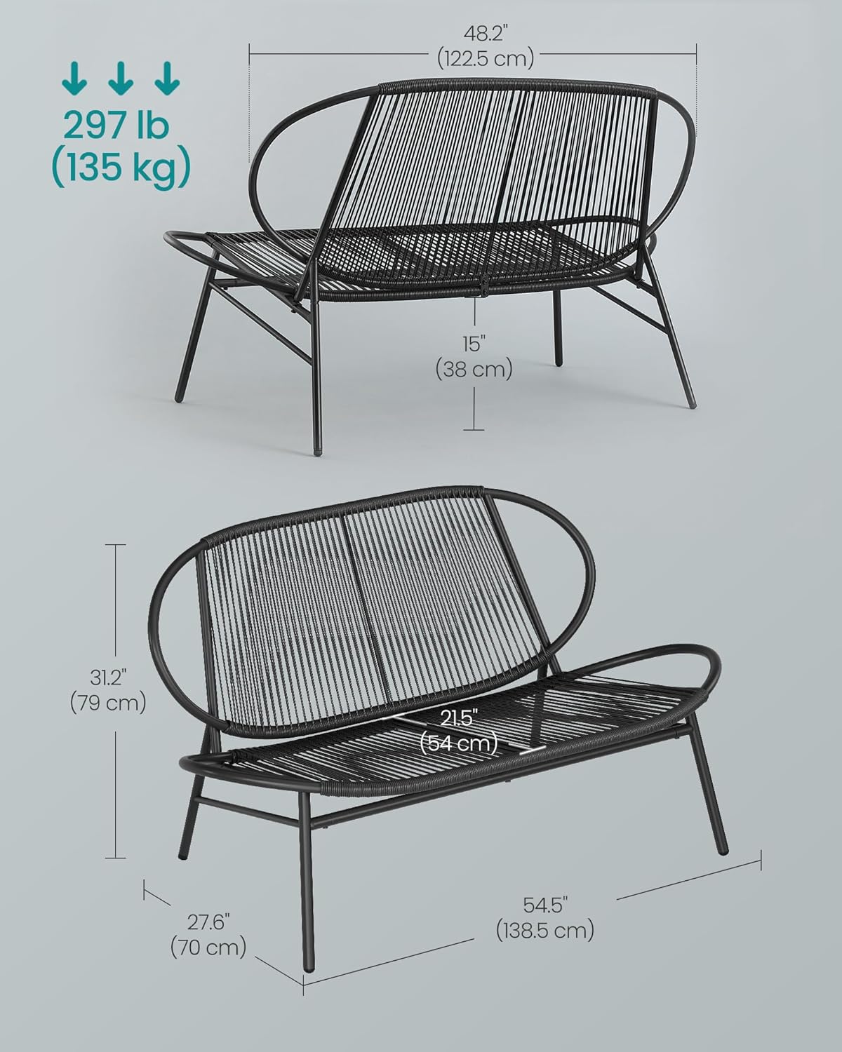 Outdoor Settee 2-Seat Garden Furniture with Backrest PE Rattan wourant