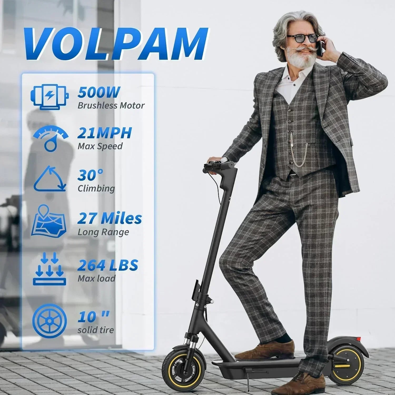 Volpam electric scooter Powerful electric motor Solid tires 28/21/12 mile range wourant