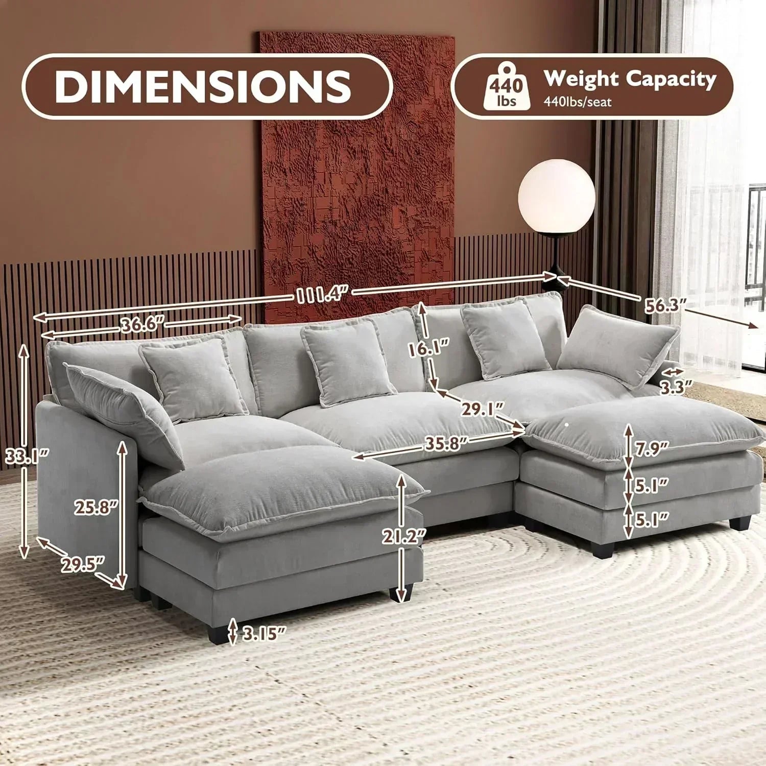 ihanherry 146-inch U-shaped modern sofa modular area cloud sofa wourant
