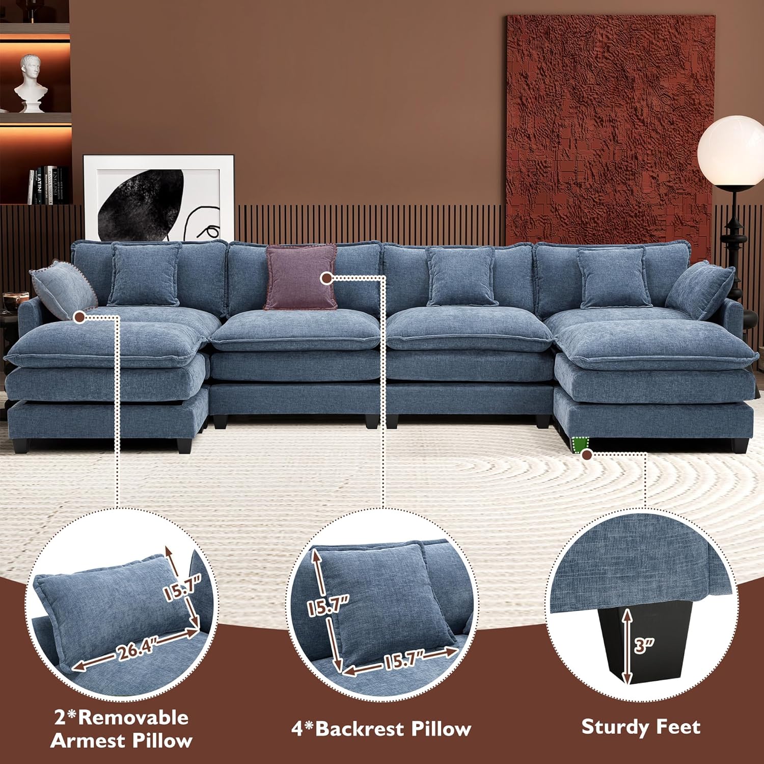 111.4 Inch L Shaped Modern Sofa Modular Cloud Sofa with Ottoman 4 Seater Chenille Deep Seat Sofa wourant