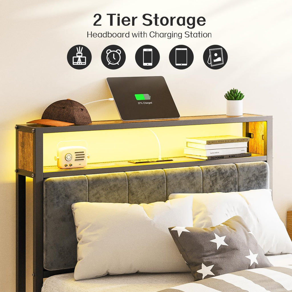 OLEVS Single Bed Frame LED Light Storage Headboard Type C Charging Station Metal Platform Bed wourant