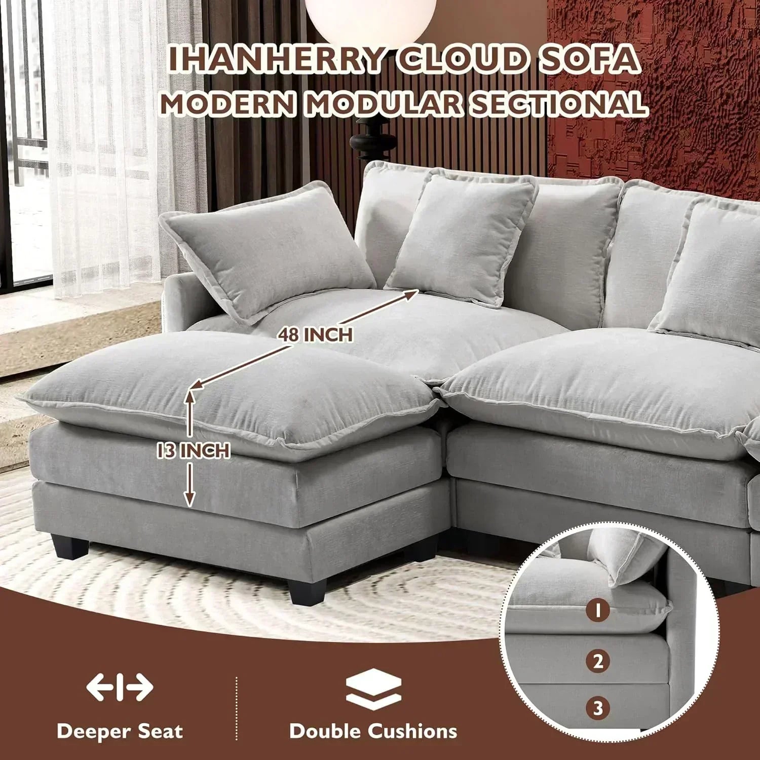 111.4 Inch L Shaped Modern Sofa Modular Cloud Sofa with Ottoman 4 Seater Chenille Deep Seat Sofa wourant