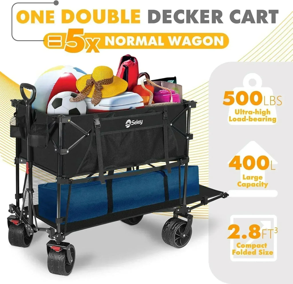 400L Large Capacity Folding Double Decker Wagon with Brakes 50" Extra Long Extender Cart wourant