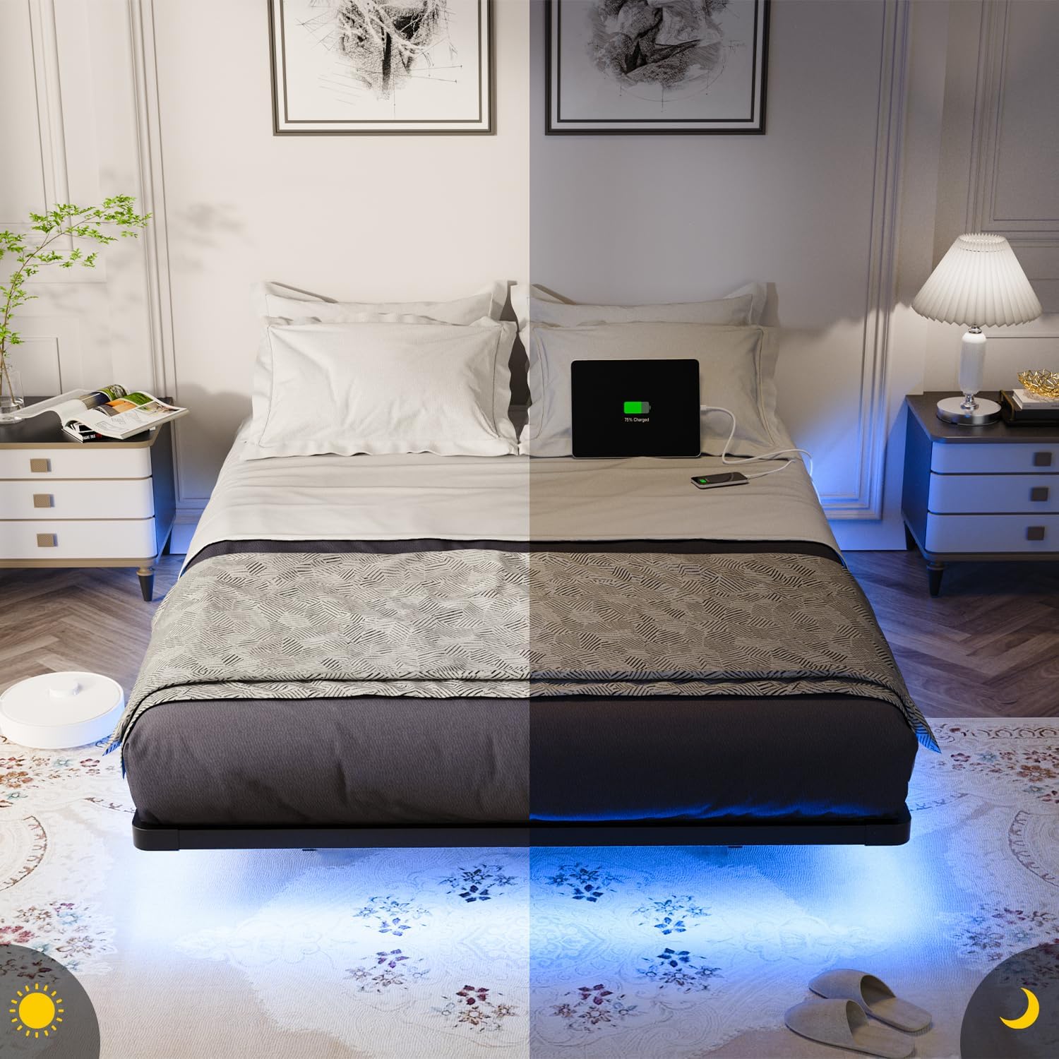 OLEVS Floating Bed Frame Queen Size with Smart LED Lights Modern Metal Platform Bed wourant