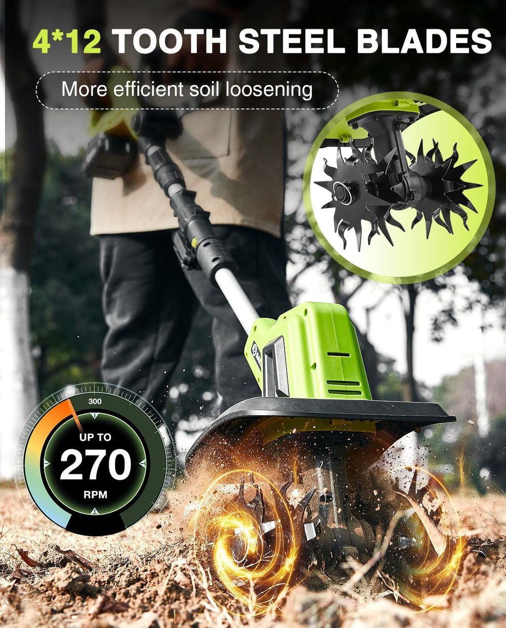 Saker 22V Cordless Electric Garden Tiller Cultivator Lightweight Rototiller for Gardening wourant