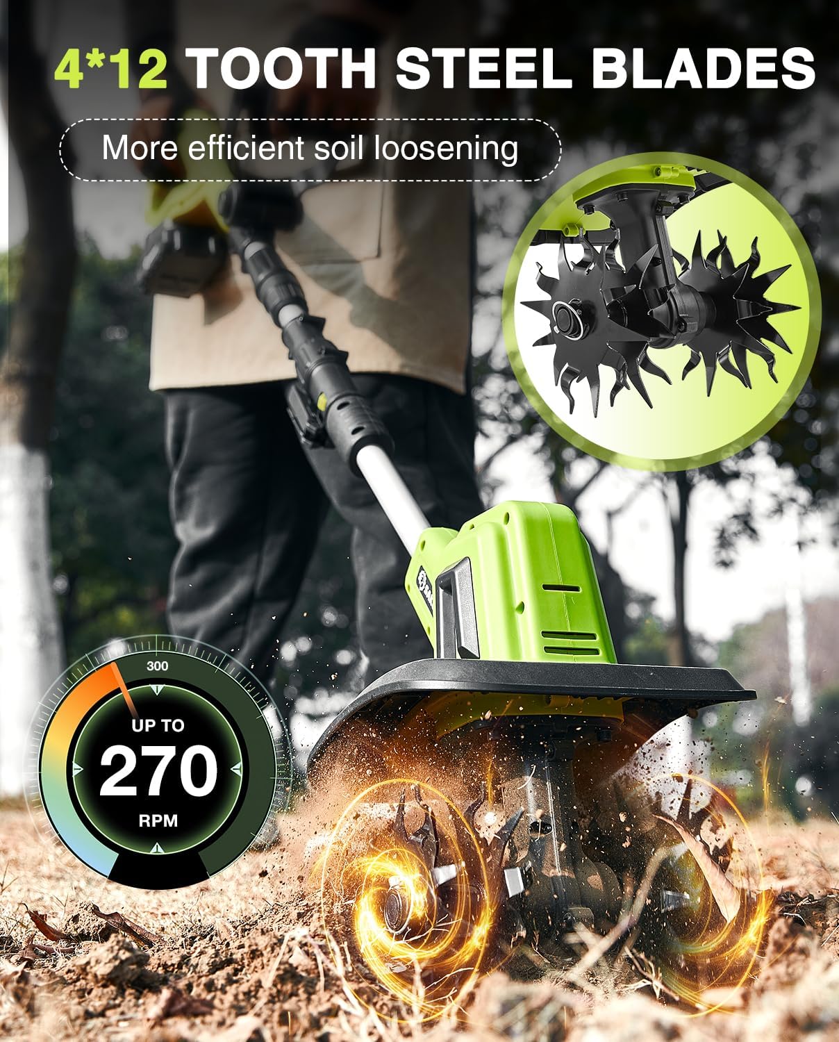 Saker 22V Cordless Electric Garden Tiller Cultivator Lightweight Rototiller for Gardening wourant