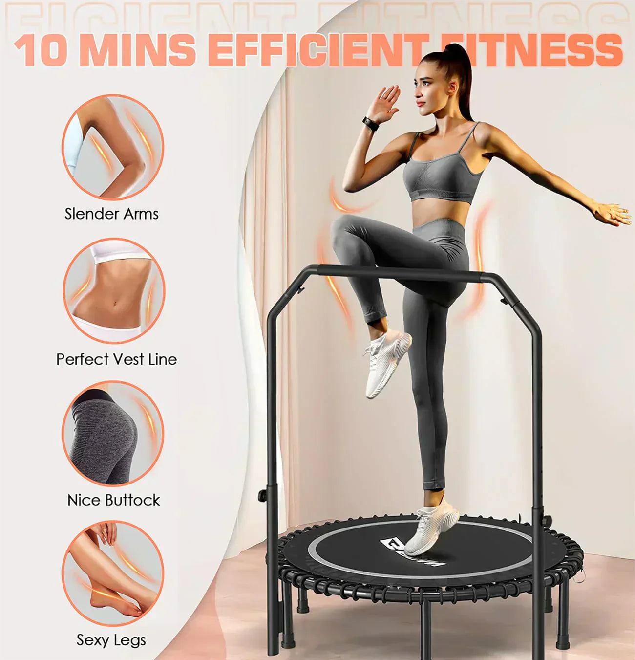 BCAN 450/550 LBS Foldable Mini Trampoline Fitness Trampoline Bungees Adjustable Foam Handle wourant