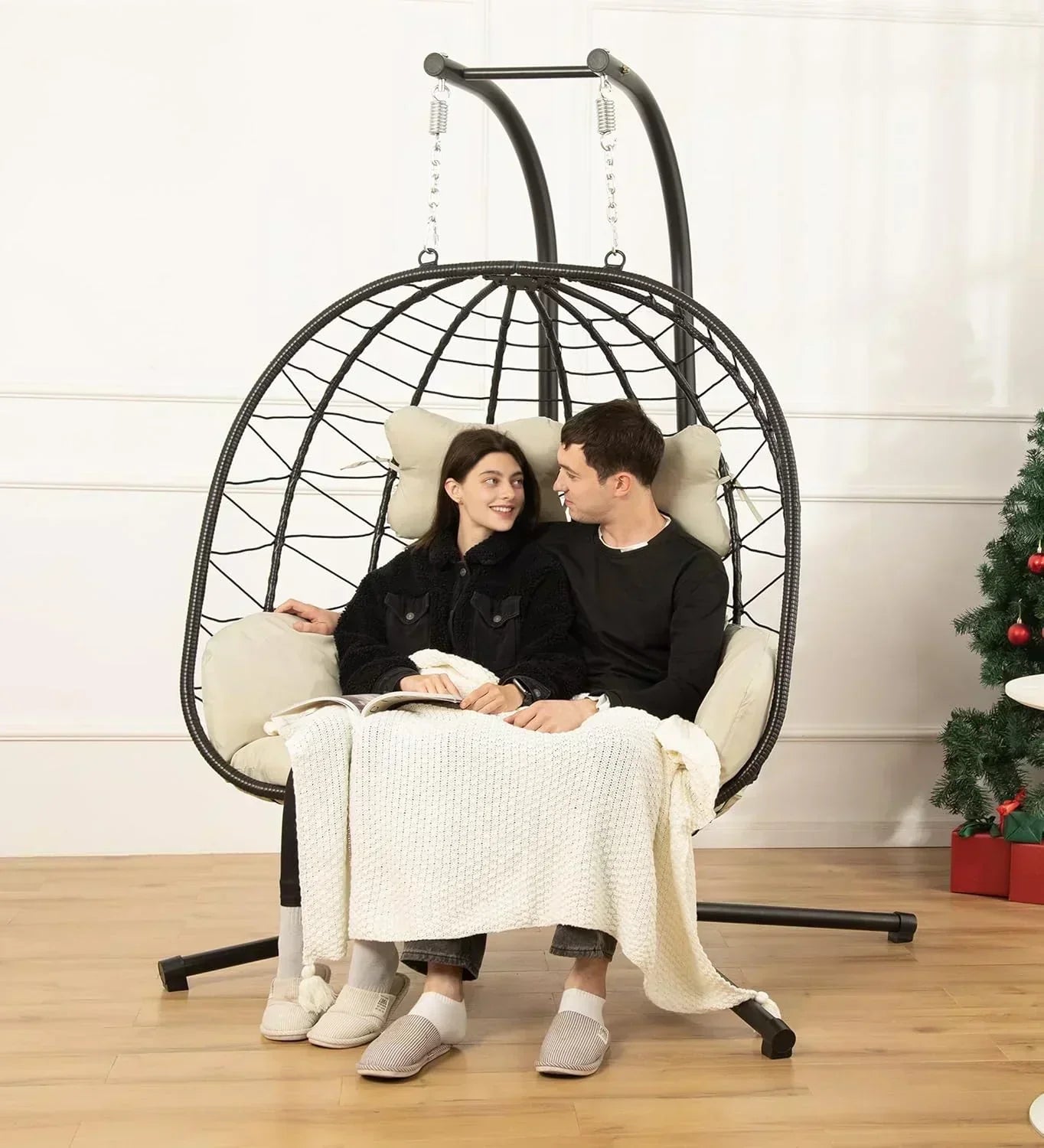 Double Egg Chair wth Stand Hammock Swing Chair Foldable Hanging Loveseat UV Resistant wourant