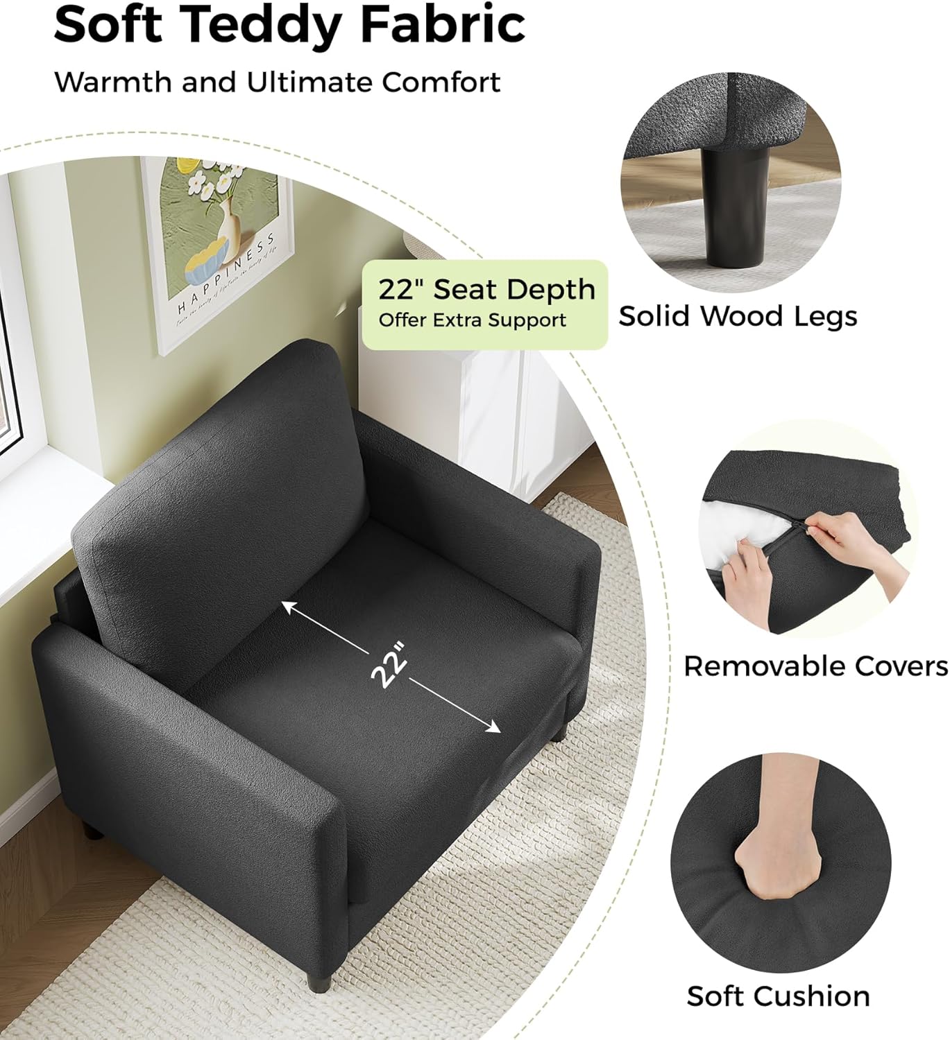 Loveseat Sofa 51" Love Seat Comfy Corduroy Small Loveseat Tool-Free Setup Couch wourant