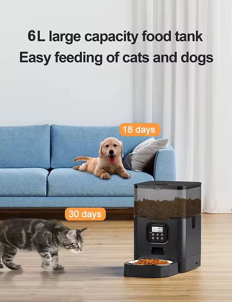 Automatic Cat Feeder 6L Stainless Steel Bowl Timed Dry Food Dispenser with Voice Recorder and LCD Display wourant