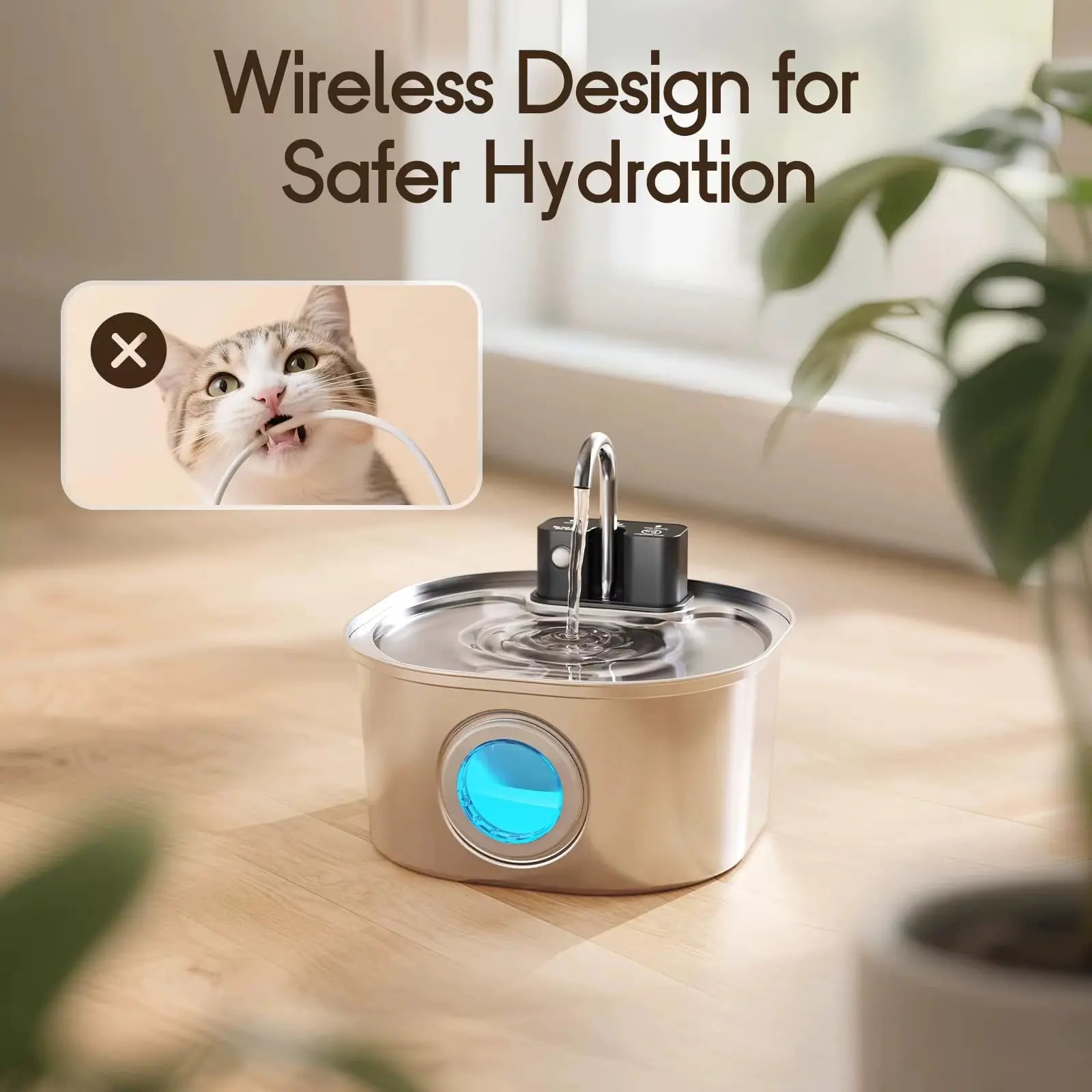Wireless Cat Water Fountain 3.2L Stainless Steel with Rechargeable Battery LCD Display and Filter wourant