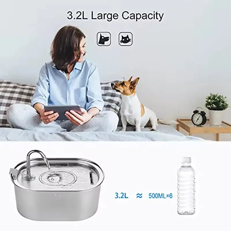 Automatic Pet Water Fountain 3.2L Stainless Steel Bowl with 4-Stage Filter and Quiet Pump for Cats and Dogs wourant