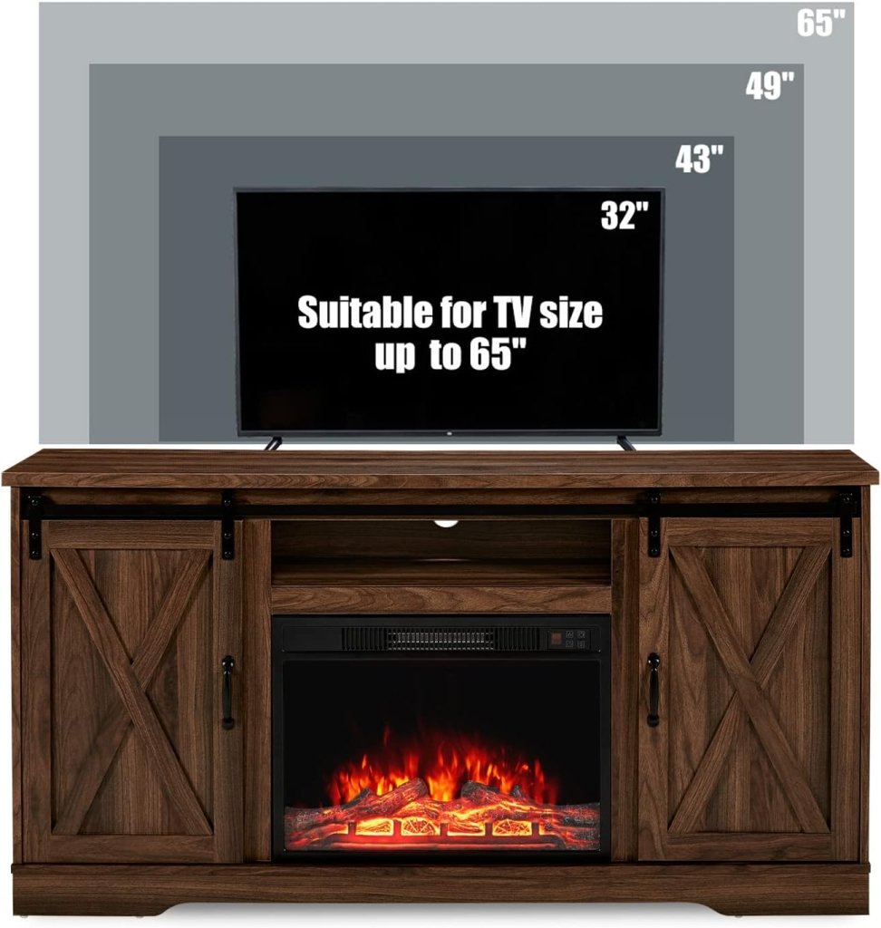 AMERLIFE Fireplace TV Stand with Sliding Barn Door for TVs up to 73", Farmhouse 63" Fireplace Entertainment Center with Storage Cabinets/Adjustable Shelves wourant