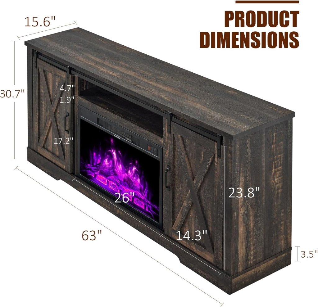 AMERLIFE Fireplace TV Stand with Sliding Barn Door for TVs up to 73", Farmhouse 63" Fireplace Entertainment Center with Storage Cabinets/Adjustable Shelves wourant