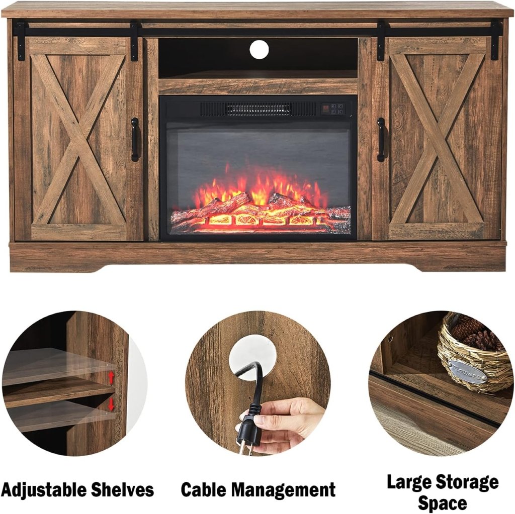 AMERLIFE Fireplace TV Stand with Sliding Barn Door for TVs up to 73", Farmhouse 63" Fireplace Entertainment Center with Storage Cabinets/Adjustable Shelves wourant