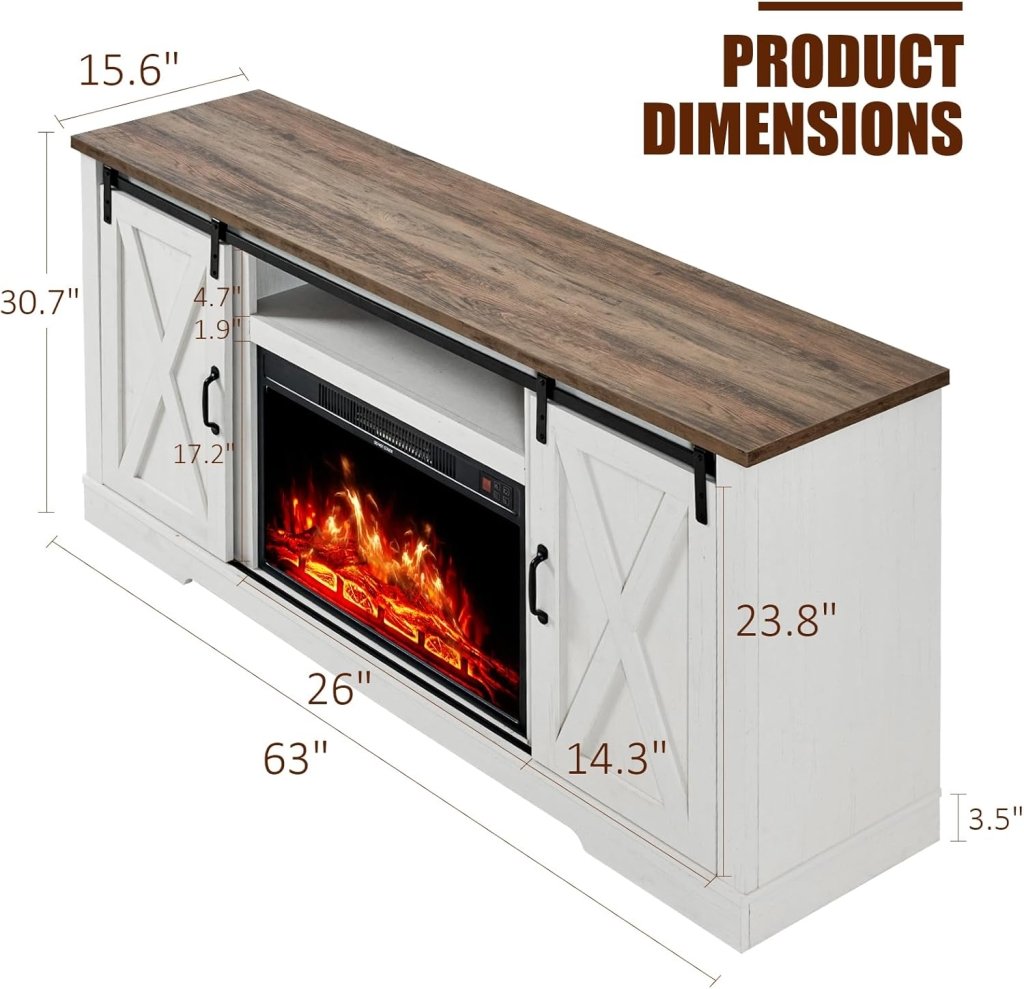 AMERLIFE Fireplace TV Stand with Sliding Barn Door for TVs up to 73", Farmhouse 63" Fireplace Entertainment Center with Storage Cabinets/Adjustable Shelves wourant