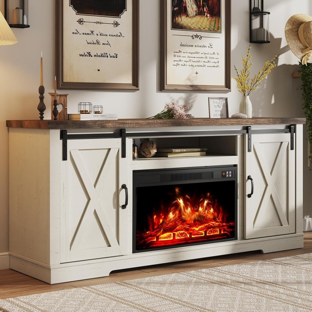 AMERLIFE Fireplace TV Stand with Sliding Barn Door for TVs up to 73", Farmhouse 63" Fireplace Entertainment Center with Storage Cabinets/Adjustable Shelves wourant