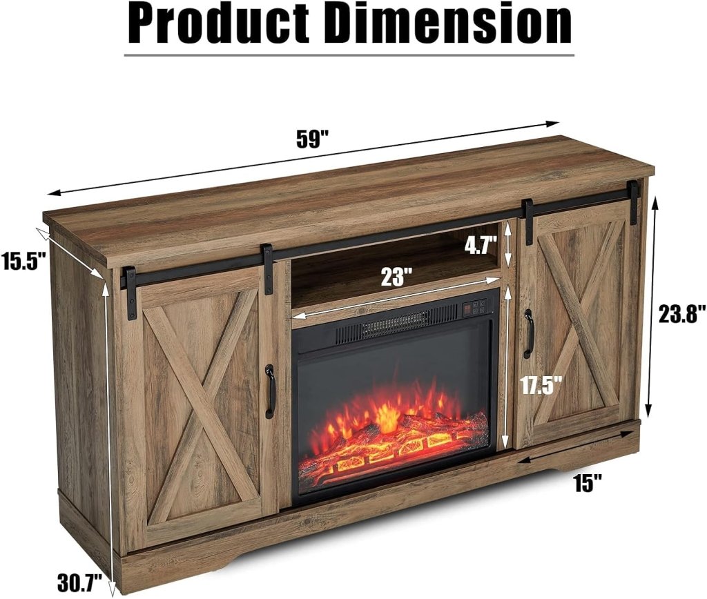 AMERLIFE Fireplace TV Stand with Sliding Barn Door for TVs up to 73", Farmhouse 63" Fireplace Entertainment Center with Storage Cabinets/Adjustable Shelves wourant