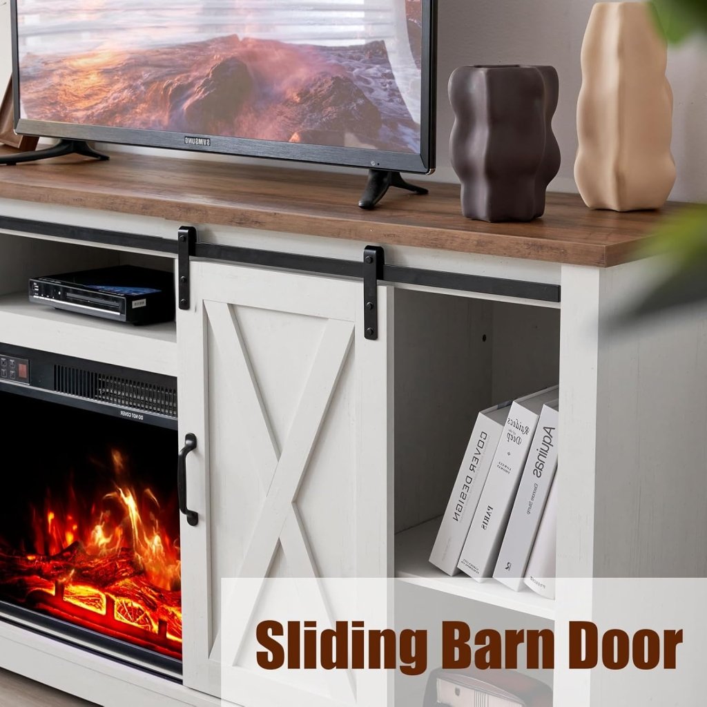AMERLIFE Fireplace TV Stand with Sliding Barn Door for TVs up to 73", Farmhouse 63" Fireplace Entertainment Center with Storage Cabinets/Adjustable Shelves wourant